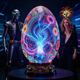 portrait of a plasma energy tron murano faberge candy glass egg designed by david chihuly and hr giger and syd mead and moebius. made up of glowing swirling electric pixels. tron world background. photo still by annie liebowitz