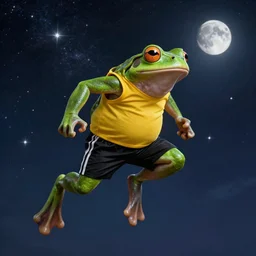 a frog! with green muscular body, wear! yellow sleeveless shirt and black sport shorts, jumps to the sky and stars, cosmos, moon, by mucha and caspar david friedrich, atmospheric lighting, intricate detail, cgsociety, hyperrealistic, octane render, rpg portrait, ambient light, dynamic lighting