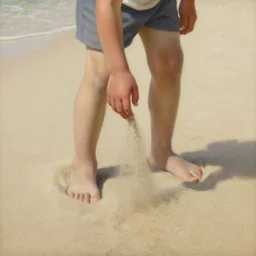a full shot of a little man, standing on a beach, his hand slowly dissolving in sand and disappearing, subtle, intricate details, real masterpiece, oil on canvas, by john smith