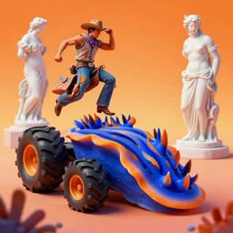 a cowboy turning into blooms by slim aarons, by zhang kechun, by lynda benglis, by frank frazetta. tropical sea slugs, angular sharp tractor tires. bold complementary colors. warm soft volumetric light. national geographic. 8 k, 3 d render in octane unreal engine, smooth gradients. a manly cowboy riding by edward hopper and syd mead. sculpture by antonio canova. blue orange