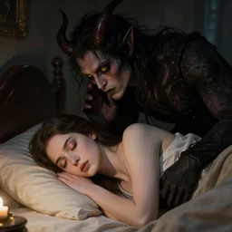 A tall demonic dark figure with yellow eyes bending down whispering to a woman sleeping in her bed realistic photograph