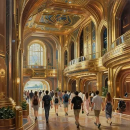 a crowd of people walking through a corridor on the atlantis paradise, a retro futuristic spaceship made of brass bronze gold, art deco influence, hotel style design. beautiful clear well composed painting by artgerm and greg rutkowski.