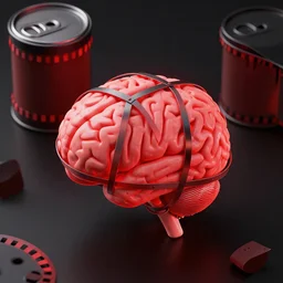 a brain wrapped in celluloid, movie canister in the background, red black colour scheme, isometric
