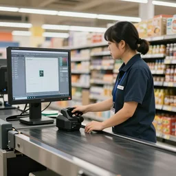supermarket assistant scanning conveyor belt at supermarket checkout, soft focus, XF IQ4, 150MP, 50mm, F/1.4, ISO 200, 1/160s, natural light, Adobe Photoshop, Adobe Lightroom, photolab, Affinity Photo, PhotoDirector 365