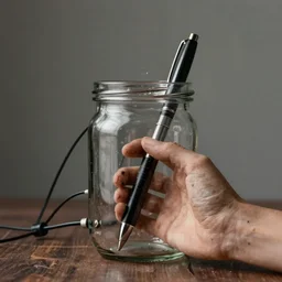 a dead hand holding a pen in a glass jar, wires connected to jar