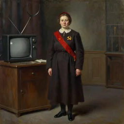 dark oil painting a middle age female communist soviet coach in a television studio