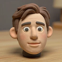 christopher reeve   !!! very extremely realistic!!! extreme likeness!!! smooth specular clay! extremely close smooth specular sculpted headshot of christoper reeve   clay puppet , soft light, on wooden table. style: claymation puppet kids clay , by guldies
