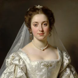 painting of a beautiful spanish princess with delicate features in a wedding dress, circa 1 8 5 3, highly detailed, fancy, beautiful face, symmetry face, 1 8 5 0 s, beautiful silk gown, pearl necklace, short brown hair