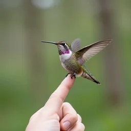 pov of a person holding a small hummingbird with their pointer finger with a blurry forest in the background