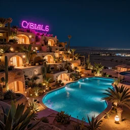 habitat 6 7, terraced architecture cyberfunk hotel in the dessert, many plants and infinite pool, night view, cinematic, cyberfunk neon sign