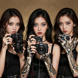 beautiful grindhouse women, their hands are replaced by cameras, rahu eyes, snake skin, 2 1 0 mm, varying art styles, clarity