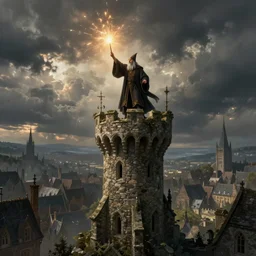 a wizard casting a powerful spell from the top of an high ruined tower. Landscape view. Gothic village background. Apocalyptic sky. Strong lights. Realistic.