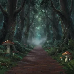 mushroom dark forest brick path, beautiful infected trees, misty, serene evening atmosphere, soft lens, soft light, cel - shading, animation, in the style of cgsociety, deviantart, artstation, zbrush, cinema 4 d, studio ghibli, akihiko yoshida, atelier lulua, masamune shirow