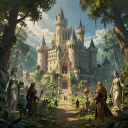 detailed veduta of a monumental castle in a magical forest town with tall trees and statues of ancient goddesses, heroes of might and magic 3, whimsical, fairy tale, hyper realistic, volumetric lighting, sunshafts, dan mumford
