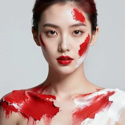 stunning woman completely made out of chipped red paint and white glossy plastic, greg rutkowski, trending on artstation, rule of thirds, 4 k, character design