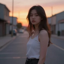 portrait of a beautiful girl, empty street by john chamberlain, sunset colors