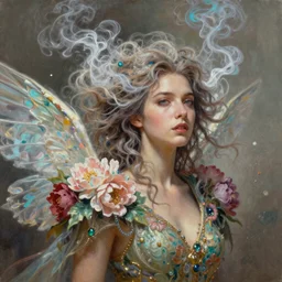 a colorful and provenance portrait painting of a fantasy female with floral wings, detailed, highly detailed, hair made of hair made of air wind and curling smoke, mist, dust, genie, spirit fantasy concept art ， art by charlie bowater, trending on artstation.