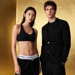 male and female supermodel, calvin klein, armani, black, gold, fashion shoot