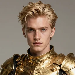 portrait of handsome blonde hair male, gold armor, high detail, cleary see face, detailed eyes, by gaston bussiere, bayard wu, greg rutkowski, auguste bourotte, odd nerdrum, maxim verehin, dan dos santos, masterpiece, sharp focus, cinematic lightning