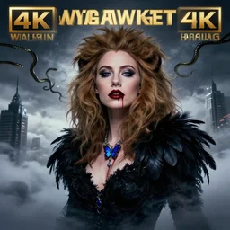 hyperrealistic portrait of amber heard as a witch lion hair blood dripping lips, black swan feathers coat noir, sapphire butterfly jewellery, swarm of snakes in mystic fog smoke, above the clouds skyscrapers. by jeremy mann, fantasy art, photo realistic, dynamic lighting, artstation, poster, volumetric lighting, 4 k, award winning