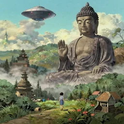 movie still from studio ghibli movie showing a highly detailed landscape with a giant buddha walking through a valley. a ufo is in the sky. 1 9 8 0's science fiction, 1 9 7 0's science fiction, misty, depth perception, 4 k