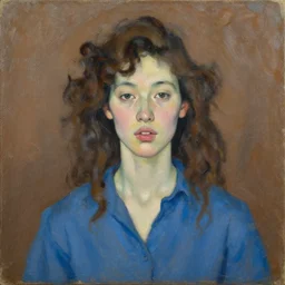 expressive medium shot portrait of a pale young 8 0 s model asian woman with curly brown hair, big lips, wearing a blue shirt, brown background, oil painting, impasto, muted colors, artwork by lucian freud, arnold bocklin