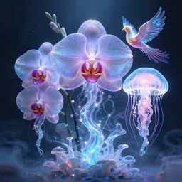 3 d giant orchid flower, giant gladiola and jellyfish face chakra phoenix bird in a giant mycelium fungus, translucent, bio luminescent, plasma, smoke and water energy flow. highly detailed. octane render, excellent composition