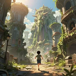 a boy running by large biomes, a fantasy abandoned street megafauna, intricate details, style by wlop, photorealistic film still, concept art, epic lighting, dramatic, anime color palette, artstation, cgsociety, ultra detail