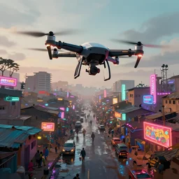 3 d vfx - caricature - art of flying drones above a bustling - neon lit - wet ajegunle slum in nigeria, cinestill 8 0 0 t photograph, unreal engine render, digital illustration, illustration style by mike winkelmann, sharp, intricate detail, volumetric light, ray tracing, soft light, colourful, surreal environment, wide angle first person view,