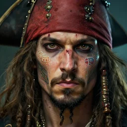 close up of a pirate with scars and a face tattoo depicting neural networks and ai, deep focus, d & d, fantasy, intricate, elegant, highly detailed, digital painting, artstation, concept art, matte, sharp focus, illustration, hearthstone, art by artgerm and greg rutkowski and alphonse mucha