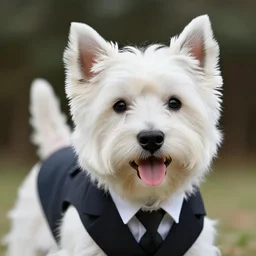 a high detail shot of a west highland white terrier wearing a suit, smiling,   realism, 8k
