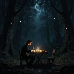 an illuminated food critic eating on a solitary table by himself in the dark fantasy forest, where glowing eyes look at him from the trees, dark cosmic skies overhead, cinematic, matte painting, artstation, johan grenier