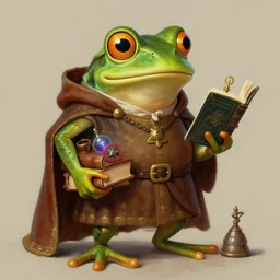 Portrait of a humanoid frog dressed like a medieval librarian and carrying books and magic trinkets, painted by Craig Mullins, trending on ArtStation