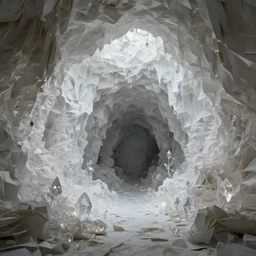 overgrown cave made of white paper, crystal lighting, mystical, hyperrealistic, 4 k, unreal engine, highly detailed, dramatic lighting, magical,