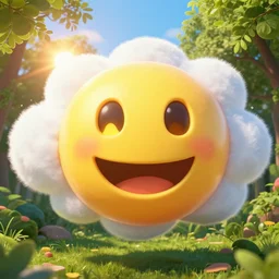 fantastical vibrant 😃😀😄☺🙃😉😗 emoji - shaped cloud with holes for eyes and mouth, in a nature scene by marc adamus, high definition, sun breaking behind the 😃😀😄☺🙃😉😗 emoji, cheerful, rave art