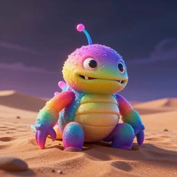 rainbow tardigrade in sand dune,neon desert,ominous sky,by dan mumford and lisa frank,unreal engine,concept art,close up,vivid,trending on artstation