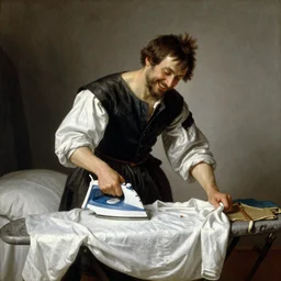a happy man ironing his collar shirt on a bed, renaissance, oil painting