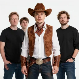 david dressed as cowboy costume, group of 3 friends, elon musk, pewdiepie, mrbeast!!!