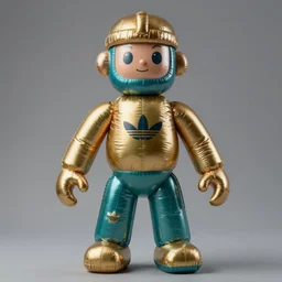 accurate detailed pvc inflatable brass & teal colored action figure god, full body, futuristic, concept art, character only, detailed art, adidas streetwear, figurine!!!, studio lighting, grey background, no shadow, trending on artstation, 4 k, sharp, highly - detailed, focus on face!!!