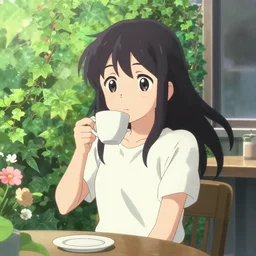 a cute young anime woman drinking coffee at a outdoor cafe, lush overgrowth, ivy, foliage, flowers, cute face by ilya kuvshinov, makoto shinkai, kyoani, masakazu katsura, dynamic pose, gelbooru, danboor, rounded eyes, anime poster, cel shaded, detailed facial features