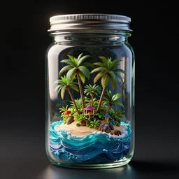 tropical island and ocean inside a glass jar with a metal lid, black background, back light, intricate, highly detailed, volumetric lighting, hyper realistic, octane render 8 k, rtx, reflections, subsurface scattering, artstation, cgsociety, inspired by famous artists