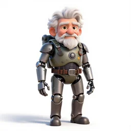 elderly cyborg soldier, stylized pixar-style 3d render, full body, standing, isolated on a pure white background, centered, whole figure in frame, sharp focus, studio lighting