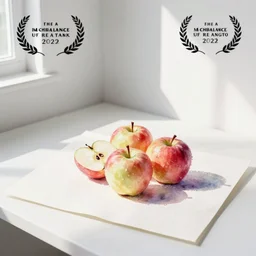 watercolor painting of apples on white paper, bright, white table, white walls