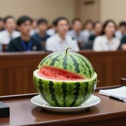 a watermelon sitting at a desk testifying in courtroom | a crowd of people sit behind it