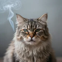 photographic portrait of a wrinkly sad max ernst fluffy cat, spiraling cigarette smoke, in fog, editorial