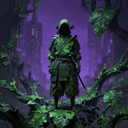 a samurai standing in a highly detailed over dimensional green leaves that are not from this world decaying with black vaines, dark fantasy, photorealism, unreal engine, purple hue, sci-fi, cyberpunk city, nature taking back the world by H.R. Giger
