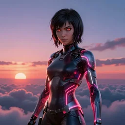 « glowing neon lights, sunrise, cyberpunk, alita battle angel, blade runner,, cold, clouds, far view, photorealistic, unreal engine 5, sharp focus »