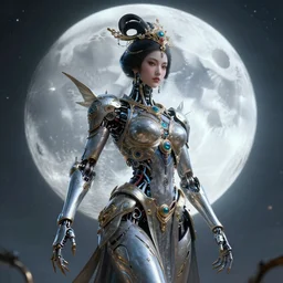 by par olofsson and tristan eaton, visually stunning, cinematic, ultra realistic, hyper realism, 1 2 k, epic, octane render, unreal engine, vfx, maya, mystic dreams : lunar oracle, ornate creature : cyborg geisha, robotic : machina
