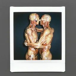 square polaroid photo of two human dissected body hugging, body worlds, human anatomy, gross anatomy, dissection