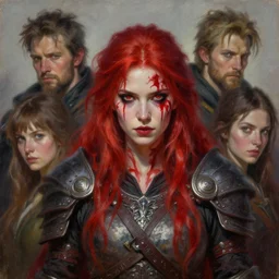 red haired fantasy female warrior with blood red warpaint on her face, 4 k oil on linen by wlop, artgerm, andrei riabovitchev, nuri iyem, james gurney, james jean, greg rutkowski, highly detailed, soft lighting 8 k resolution